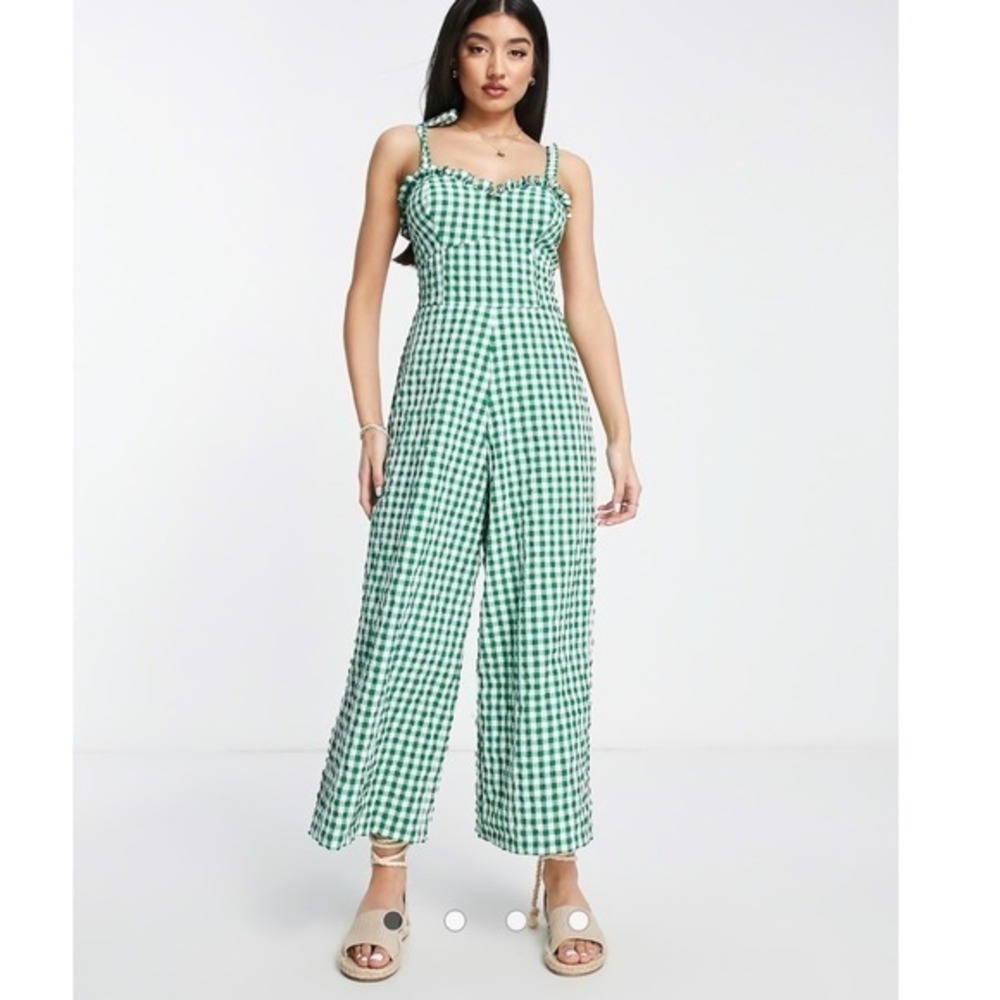 ASOS women gingham seersucker wide leg green jumpsuit size 8